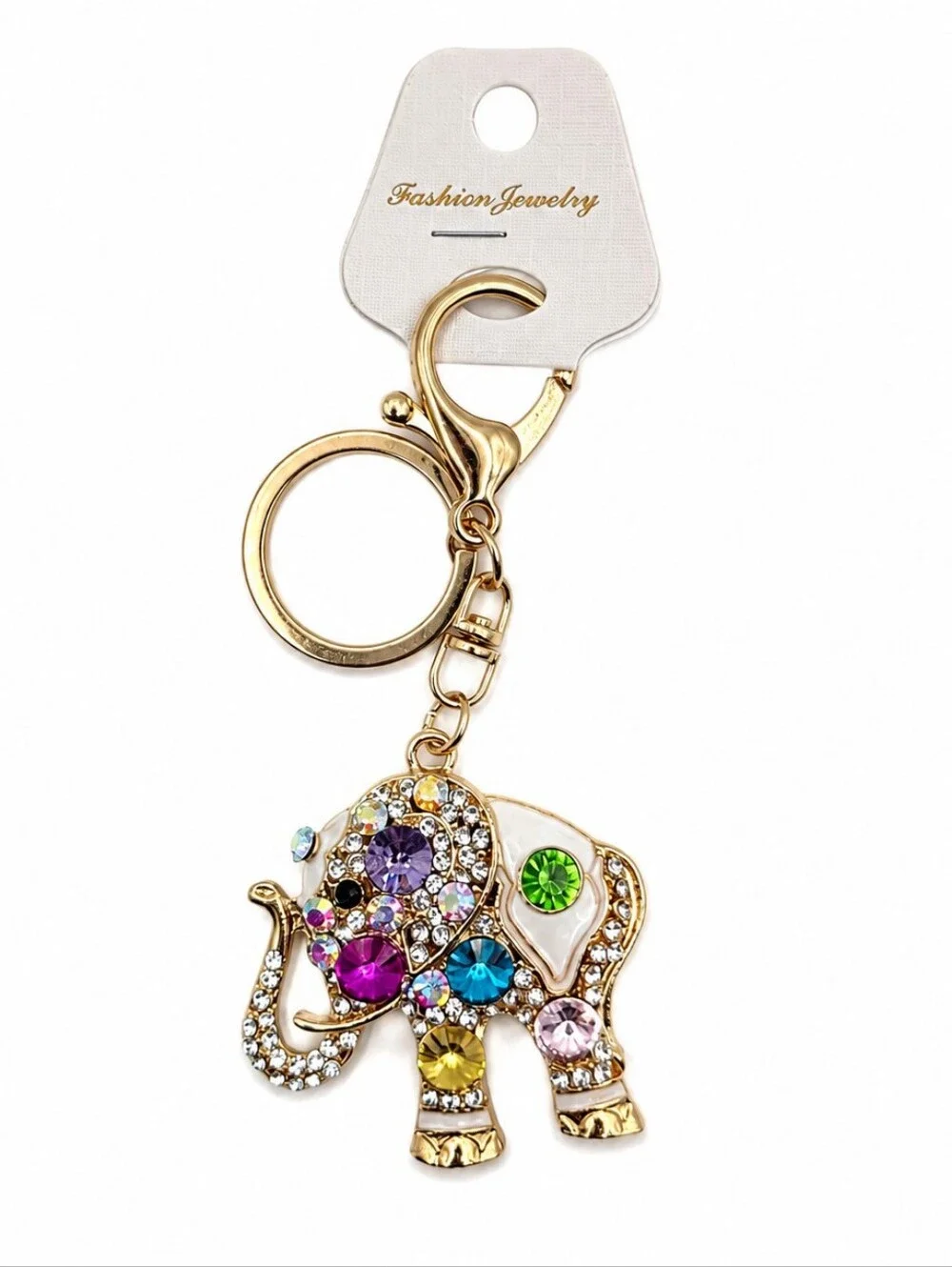 💎 NWT Gold Tone Multicolor Crystal Elephant Keychain Purse Bag Charm